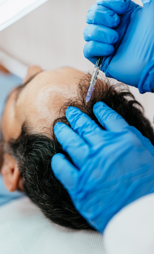 A male patient getting a shot on his scalp for anti-hair fall treatment.
