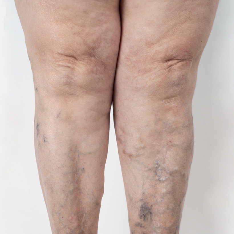 A patient with visible varicose veins on the legs before a laser varicose vein treatment.