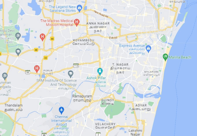 Chennai map showing prime places.