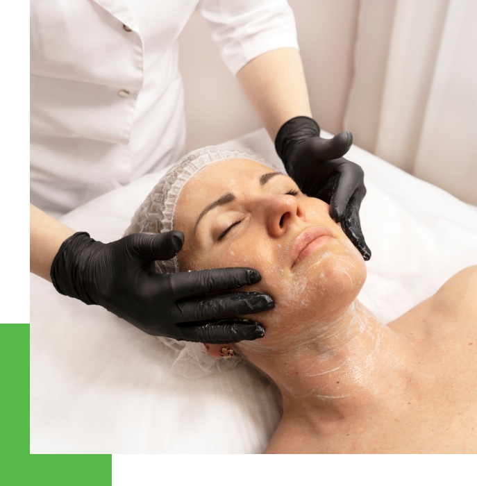 A female patient undergoing a chemical peeling procedure at AKJ Skin & Laser Clinic, Tirunelveli.