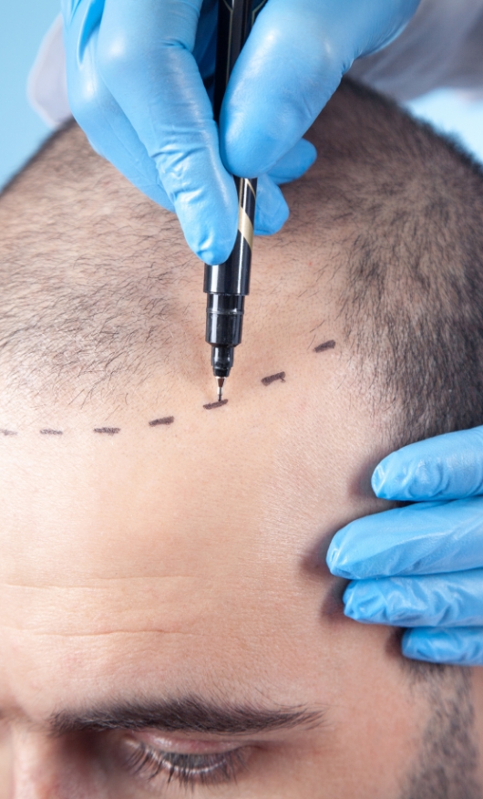 A male patient suffering from hair loss in consultation with a doctor for hair transplantation.