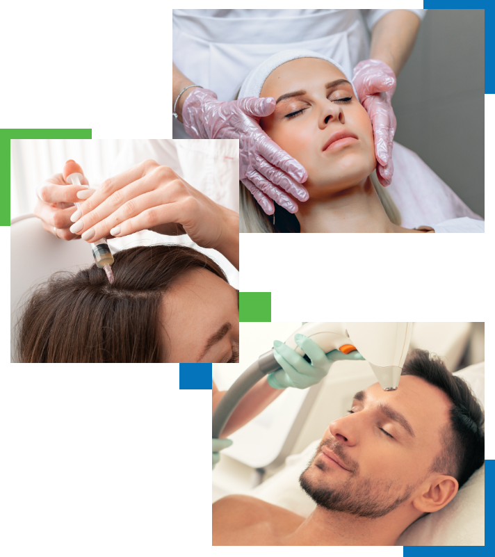 A collage of patients undergoing different skin and hair treatment procedures.