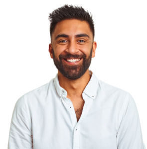 A trimmed photo of a happy young man after hair treatment at AKJ Skin & Laser Clinic, Tirunelveli.